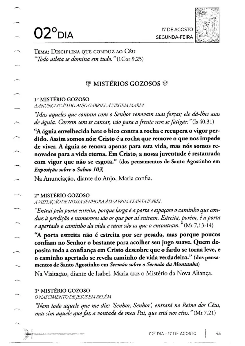 Tema e meditação do dia no itinerário